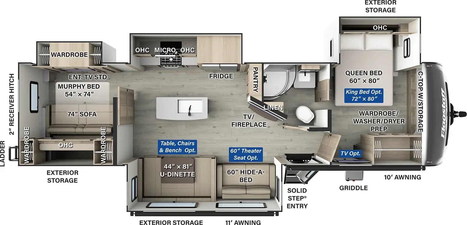 The Flagstaff Classic Travel Trailers 832DBS has one entry and four slide outs. Exterior features include: fiberglass exterior and 11' & 10' awning. Interiors features include: kitchen island, u-dinette, front bedroom and murphy bed.